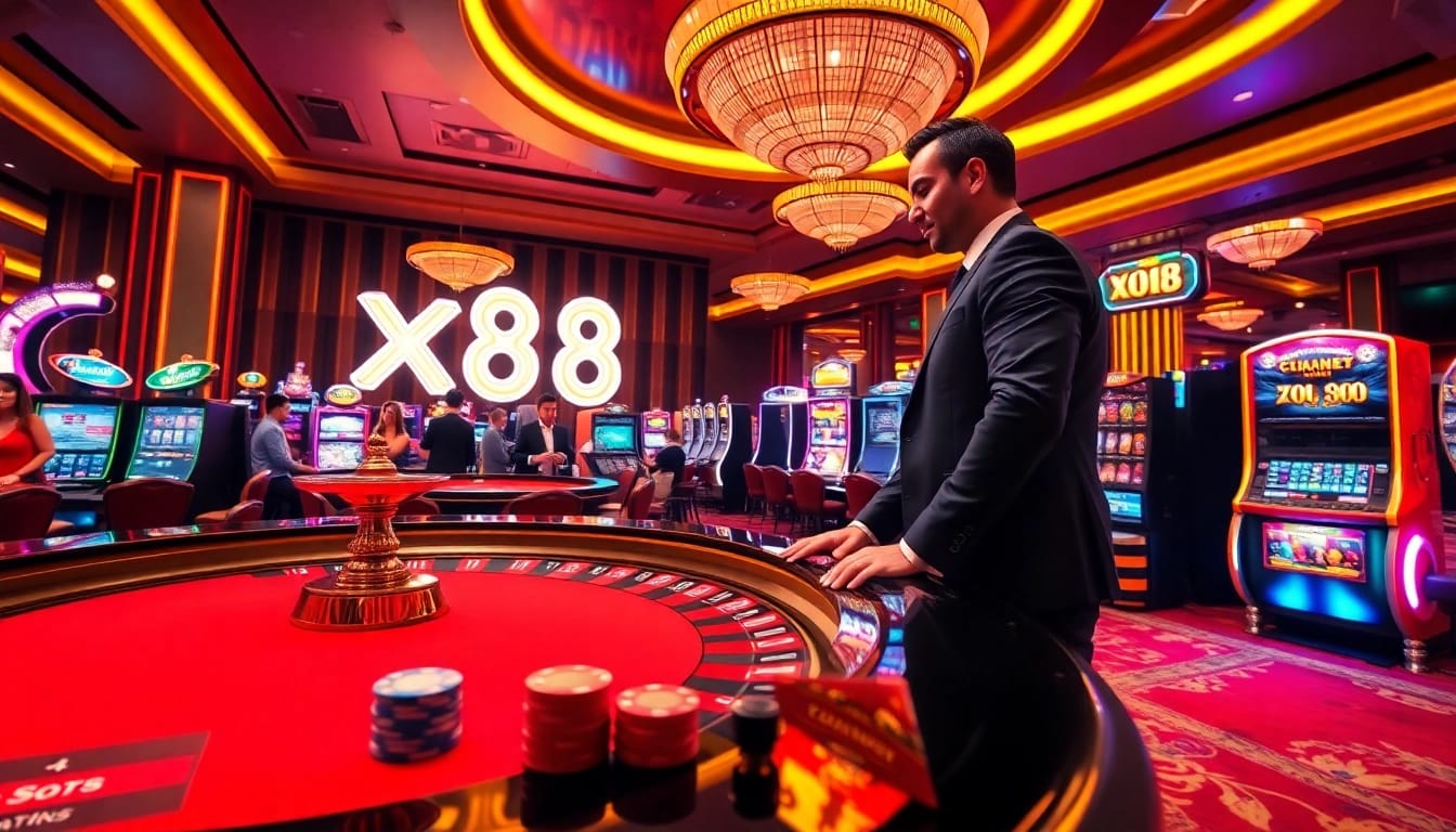 X88 gamers celebrating at a lively casino with poker chips and roulette table