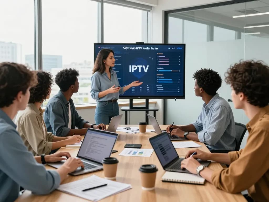 Entrepreneurs using the Sky Glass IPTV Reseller Panel to manage IPTV subscriptions in a modern office setting.