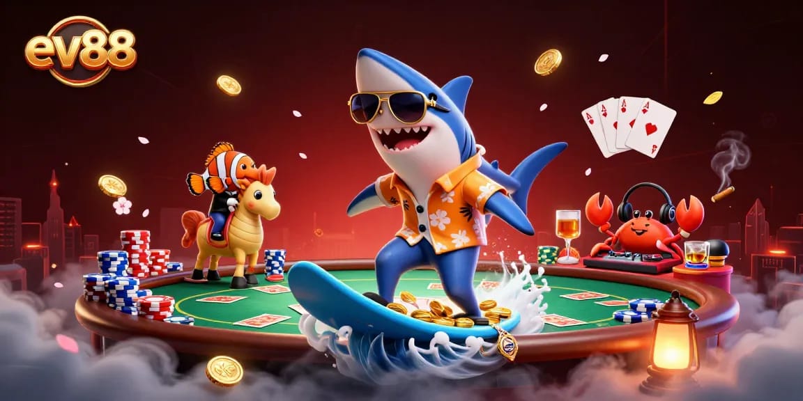 Experience the thrill of ev88 with a vibrant 3D casino illustration featuring dynamic characters and engaging game elements.