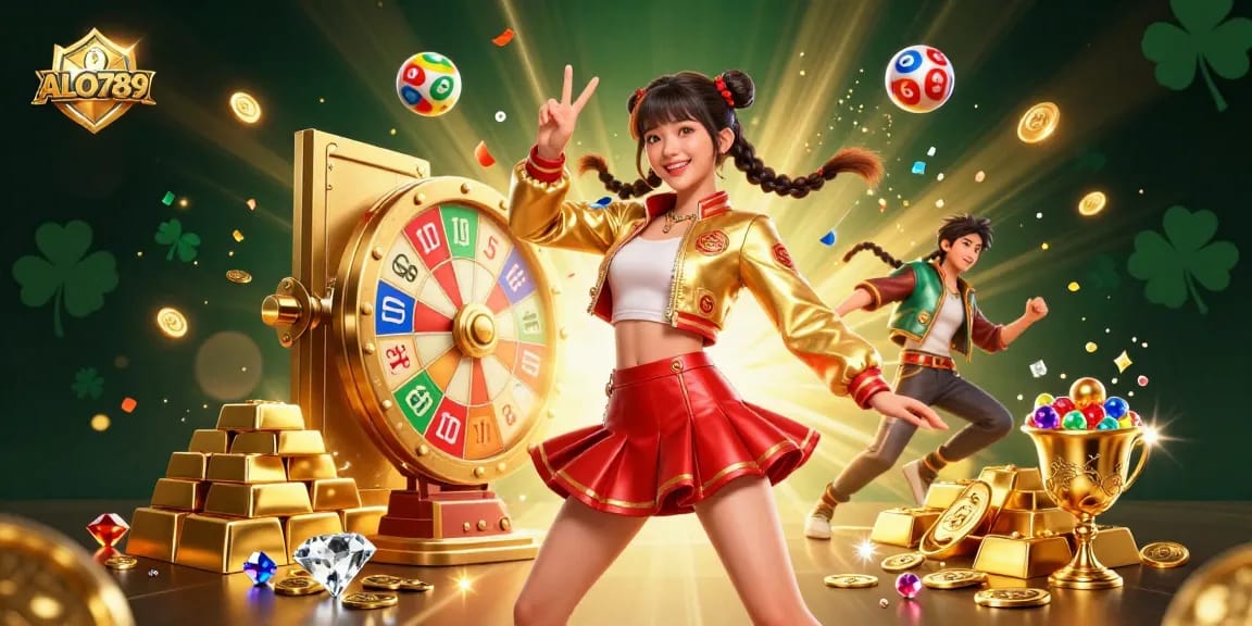 Engage with ALO789 in a vibrant 3D scene showcasing casino excitement, featuring a joyful Asian woman surrounded by spinning prize wheels and golden treasures.
