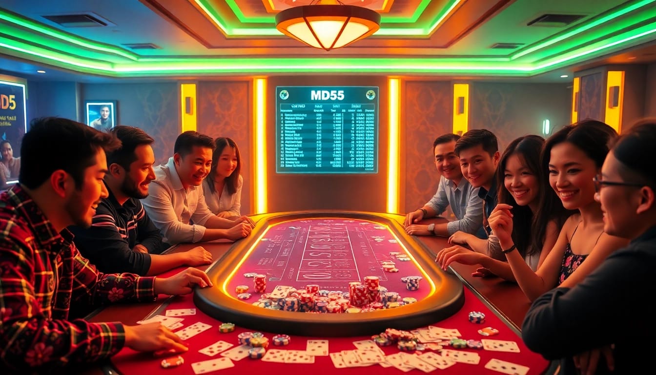 Engaged players strategizing at a vibrant tài xỉu MD5 table, with dice and poker chips.