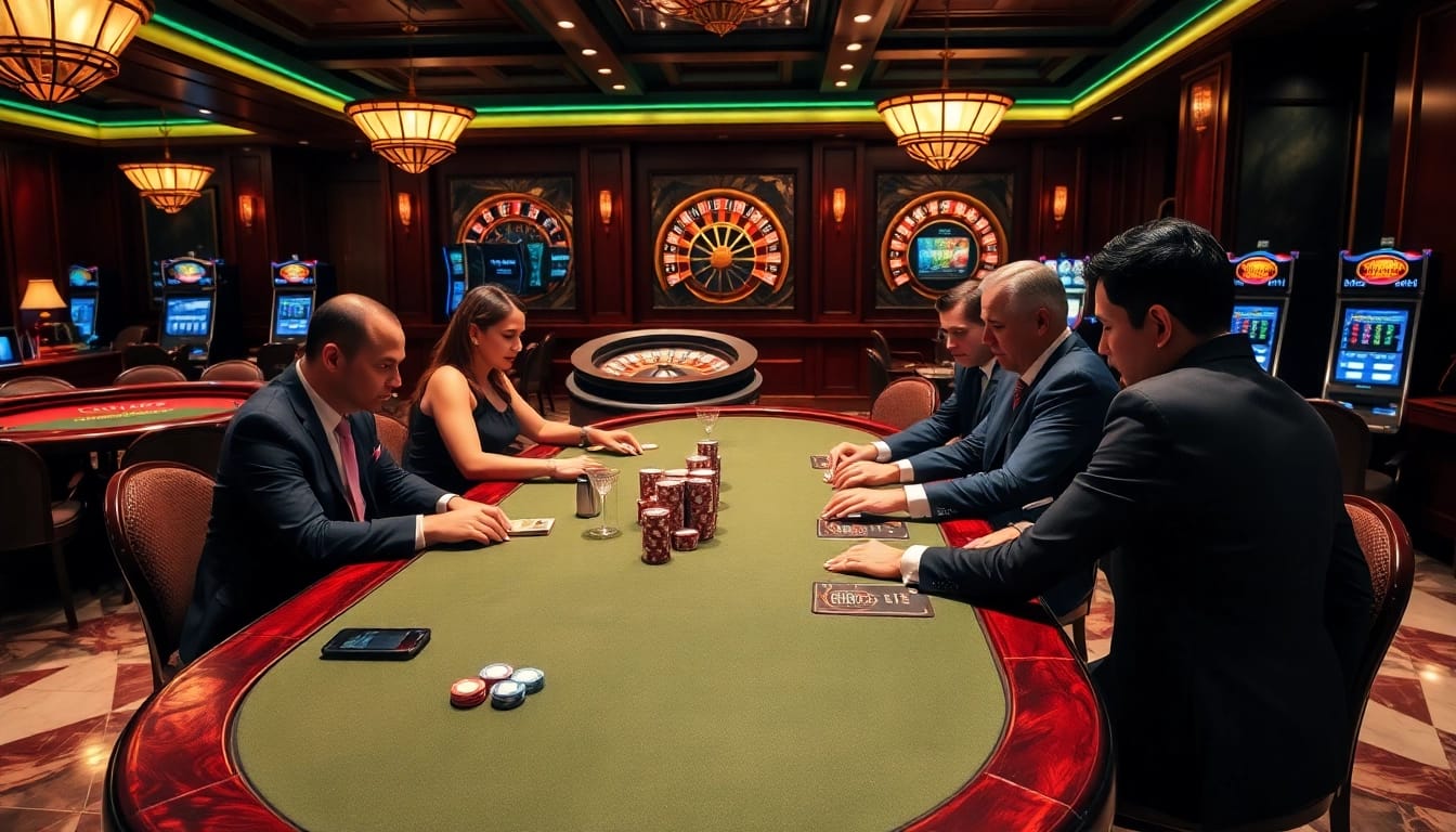 OK8386 players engaging intensely at a poker table in a luxurious casino.