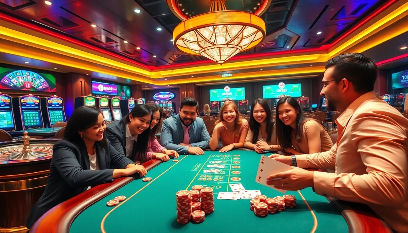 Gamblers enjoying a high-stakes poker game at Nhà Cái OK365's vibrant casino.
