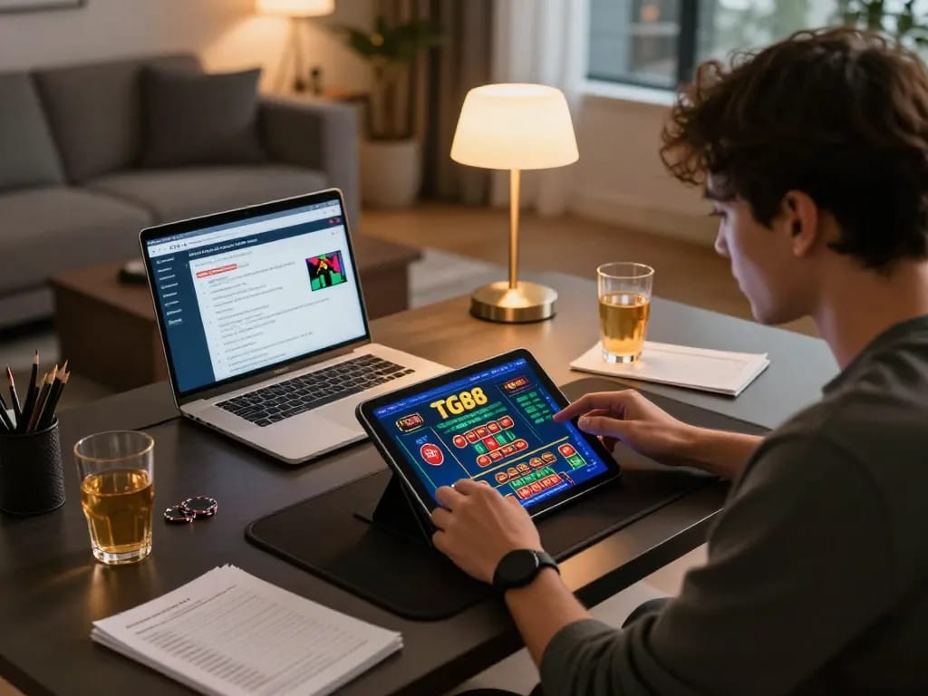 Engaging user playing on the TG88 online casino platform in a modern home setting.