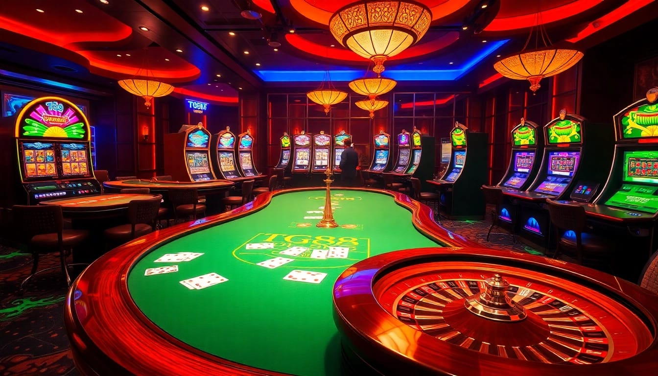 Players enjoying games at TG88 casino, featuring vibrant slot machines and poker tables.