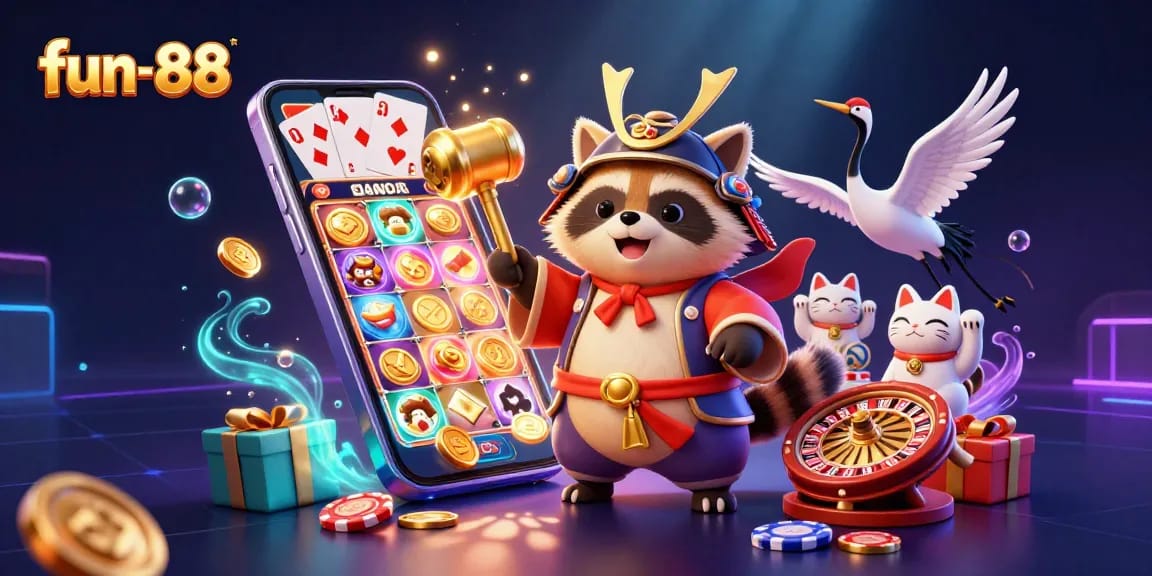 Spin and win at fun-88 with lucky tanuki and colorful casino elements in a vibrant 3D scene.