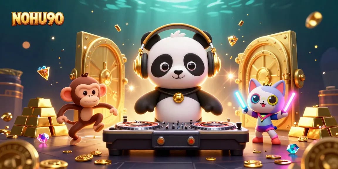 Experience the excitement of NOHU90 with a dynamic casino-themed illustration featuring a DJ, dancers, and treasure!