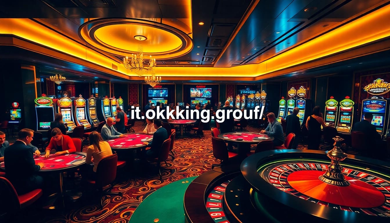 A lively casino scene with poker games and slots, integrating luxury and excitement. Visit https://okking.group/ for gaming insights.