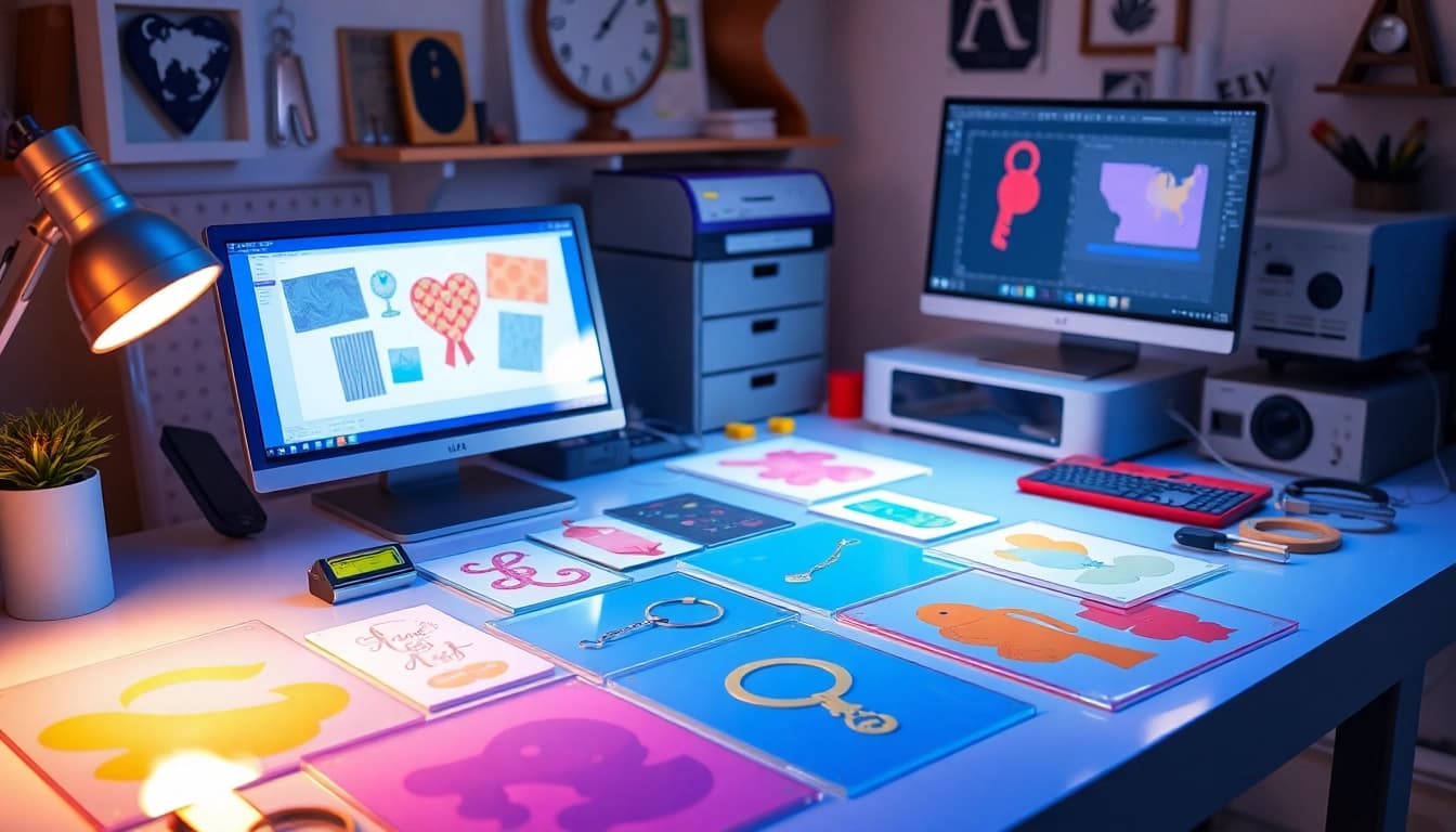Acrylic keychain maker showcasing vibrant acrylic sheets and custom designs at a bright workspace.