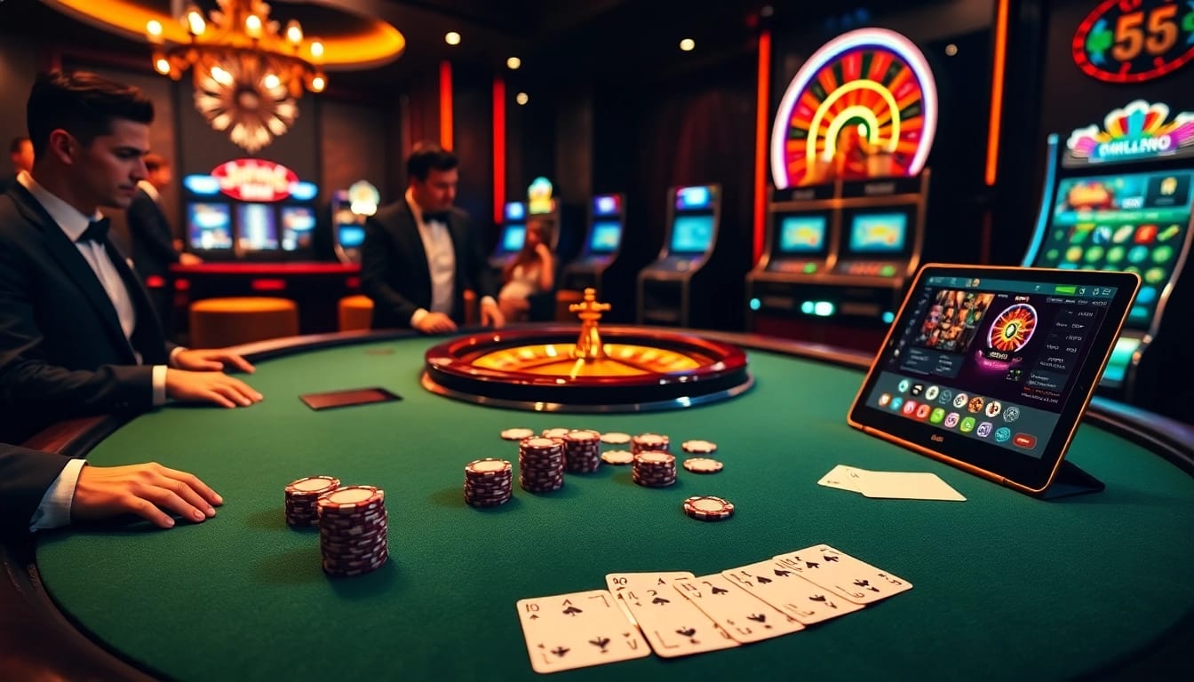 Experience pg88 thrill with poker chips and casino tables in a vibrant gaming scene.