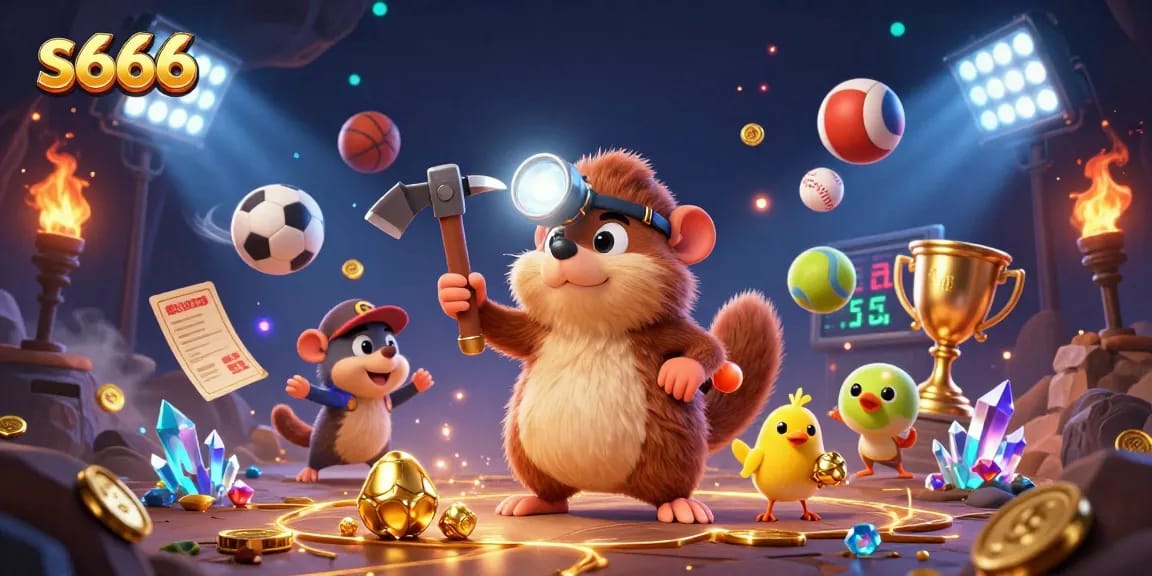S666 players watch treasure hunter mole discover gems while betting on sports events.