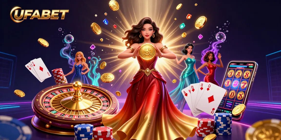 Experience the excitement of UFABET with stunning visuals of Asian woman holding a golden coin amidst casino elements.