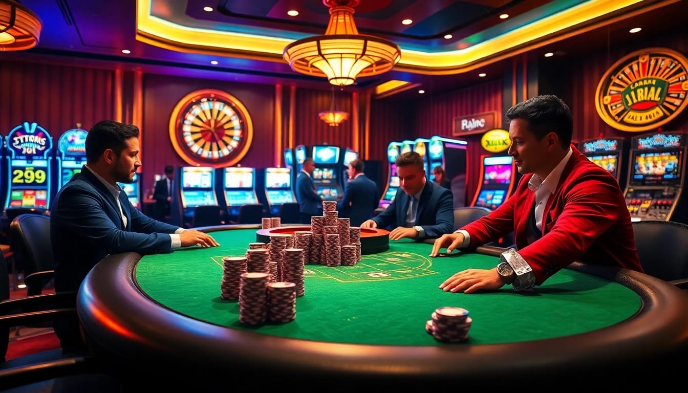 Exciting gambling scene at https://topxx88.com/, featuring poker and slot machines.