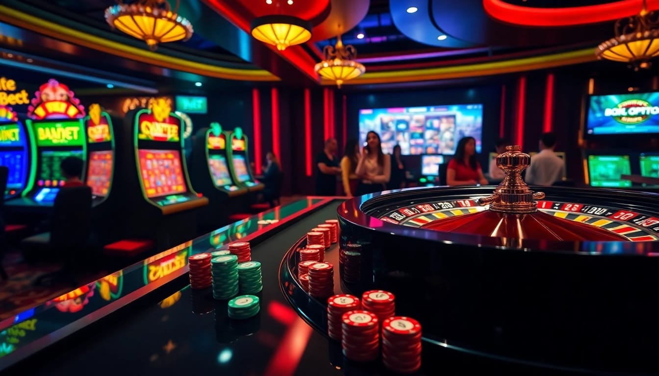Experience the excitement of 8kbet games at a luxurious online casino with vibrant slot machines.