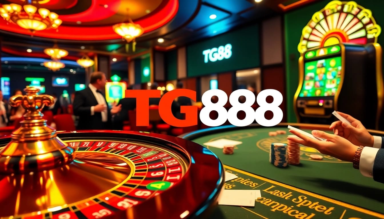 Gamblers play at the TG88 gaming tables, showcasing excitement and strategy in a luxurious casino atmosphere.
