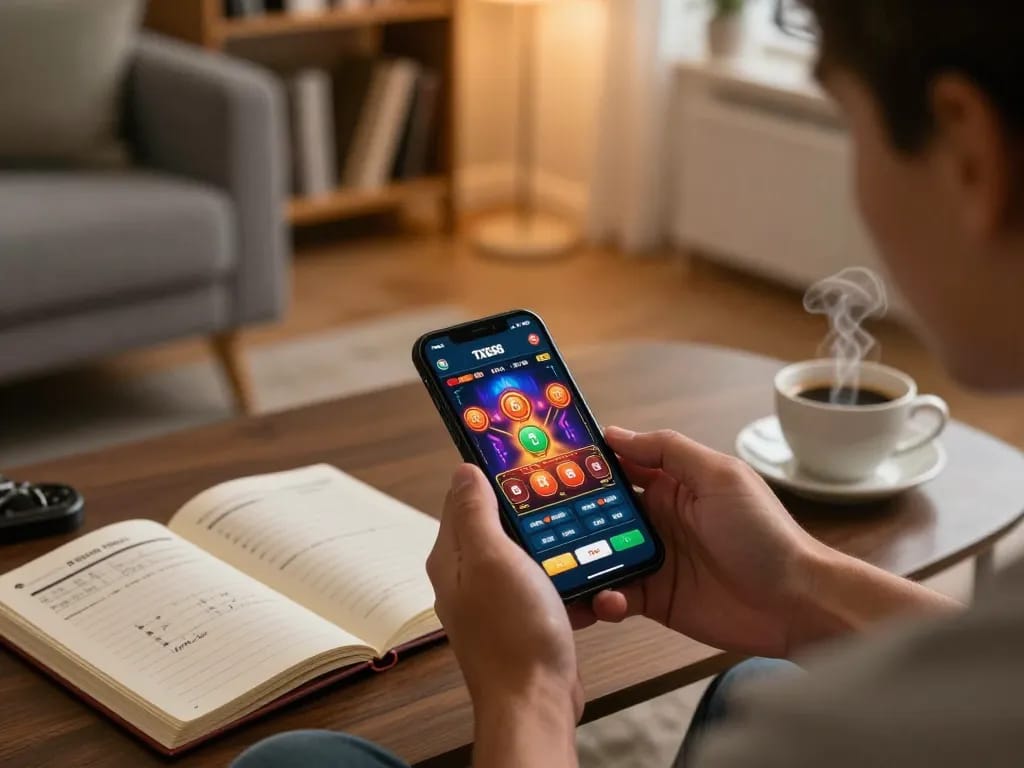 Player engaging with the TX666 mobile app in a cozy living room, focusing on responsible gambling.
