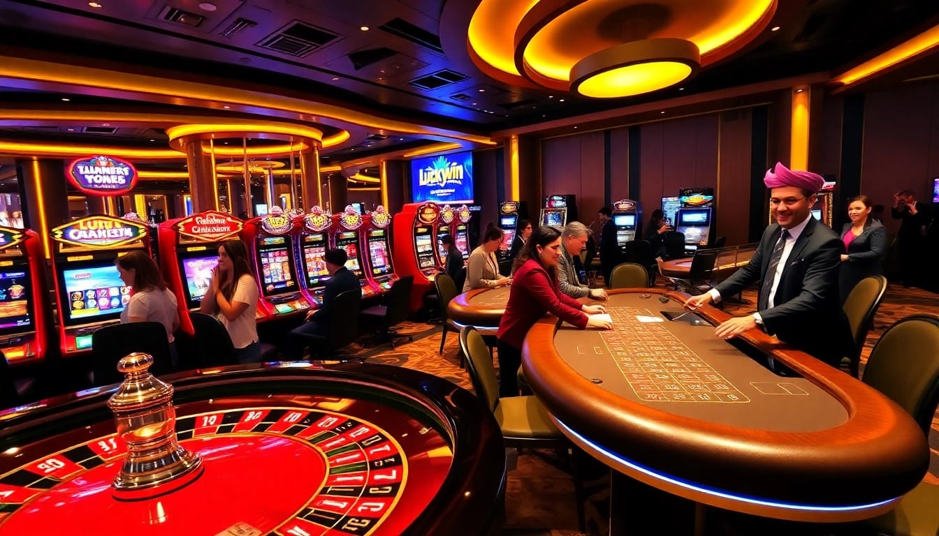 Engaging with the luxurious Luckywin casino gaming scene, featuring roulette, blackjack, and vibrant slot machines.