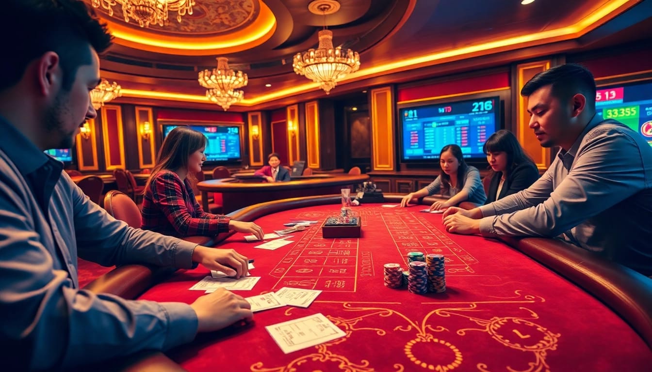 Xóc đĩa online gaming table with vibrant chips and players immersed in action.