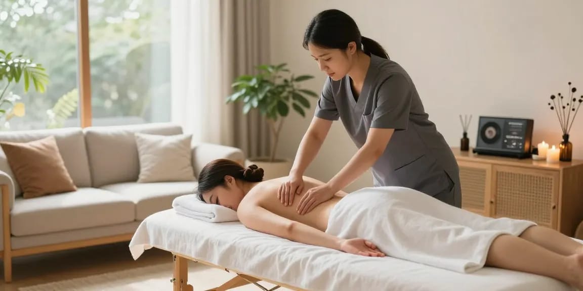 Experience bliss with a professional 모란출장마사지 in a soothing home environment, surrounded by calming elements like candles and essential oils.