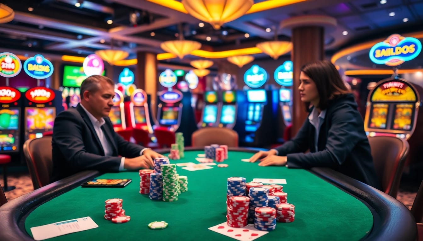 Experience the thrill of dh88 bet at a vibrant casino poker table amid dazzling slot machines.
