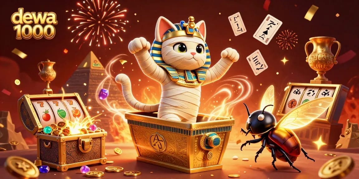 Enjoy exciting gameplay with dewa 1000, featuring a mummy cat and floating hieroglyph cards in dramatic casino action