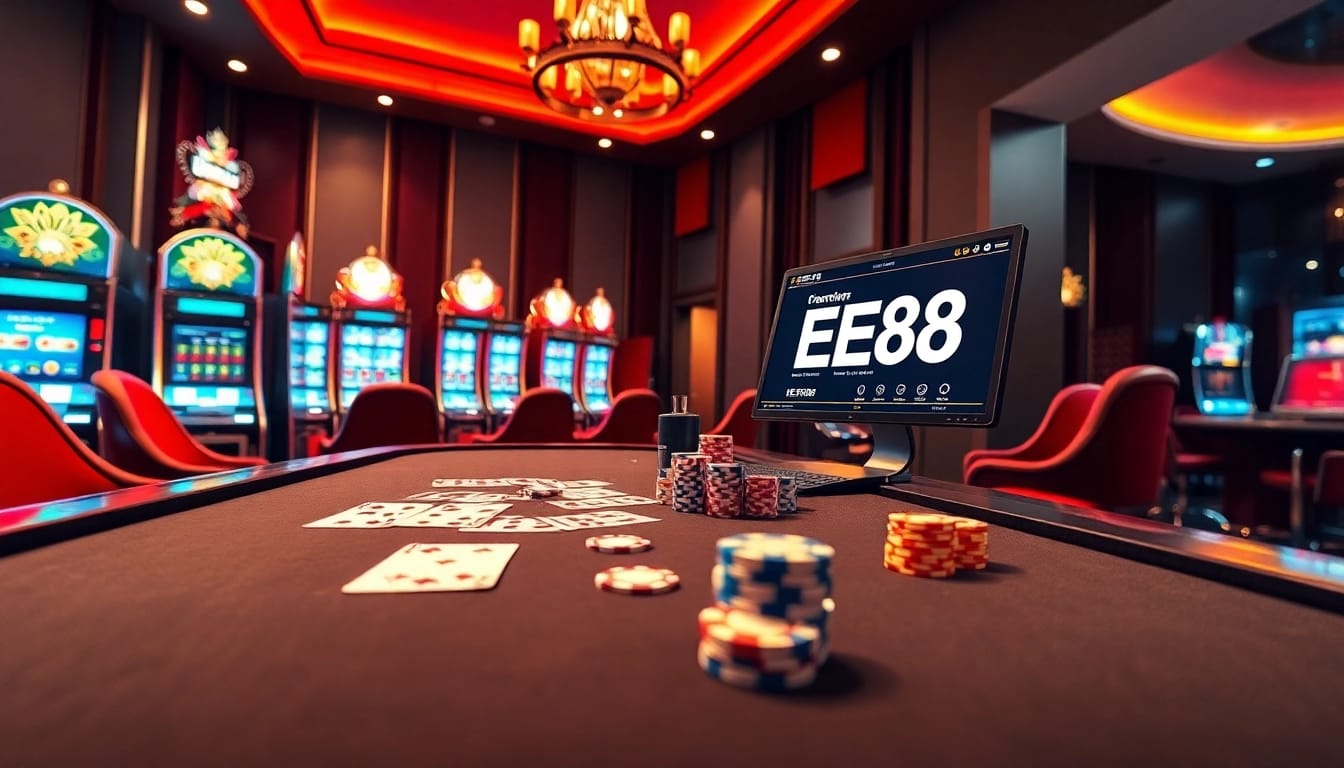 EE88 casino scene with poker chips and online betting interface