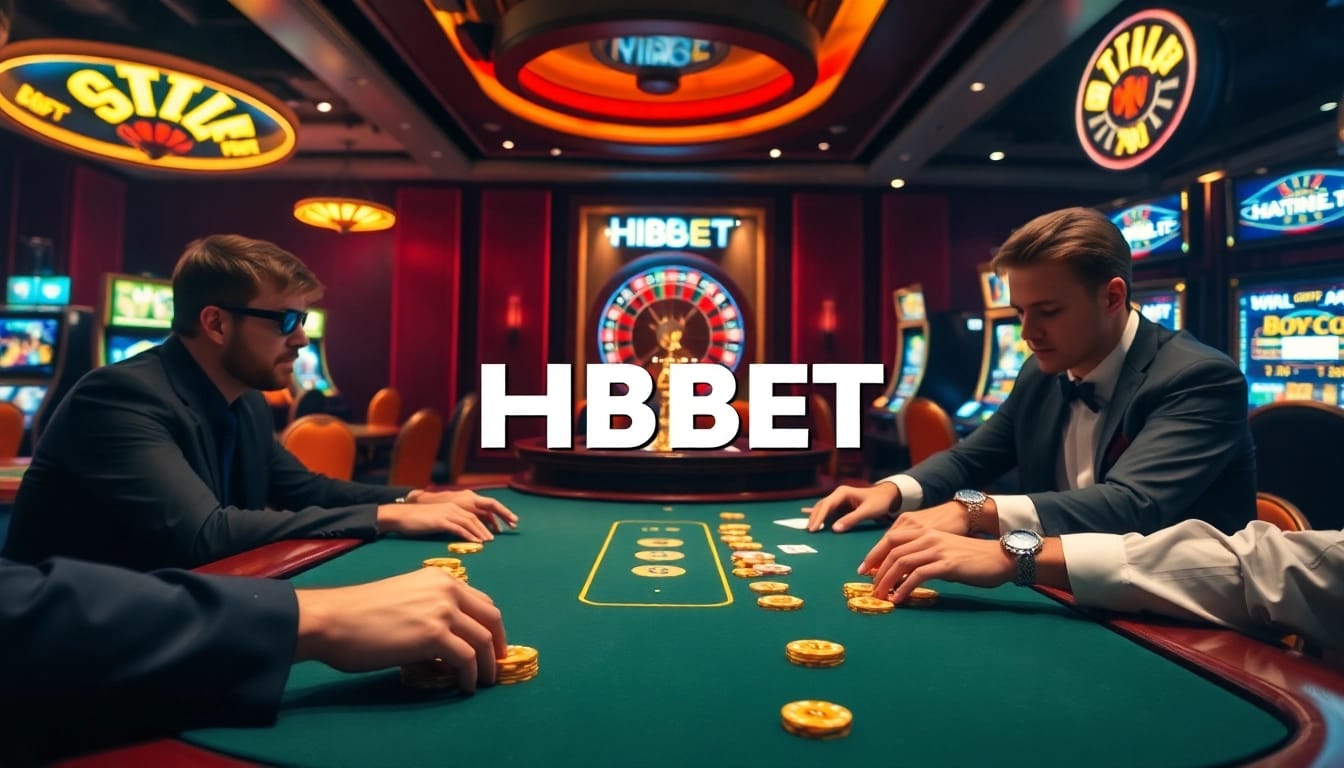 Experience the thrill of HBBET at an upscale poker table with golden chips and vibrant slot machines.
