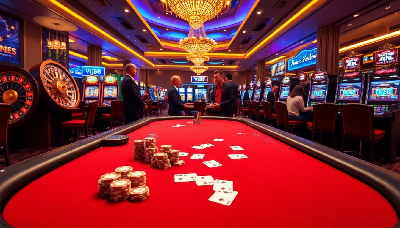 VJ88 players enjoying a dynamic casino scene with poker tables and roulette wheels.