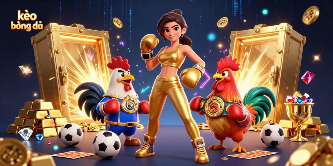 Bet on kèo bóng đá with a vibrant, energetic 3D illustration featuring a powerful woman and a boxing rooster.