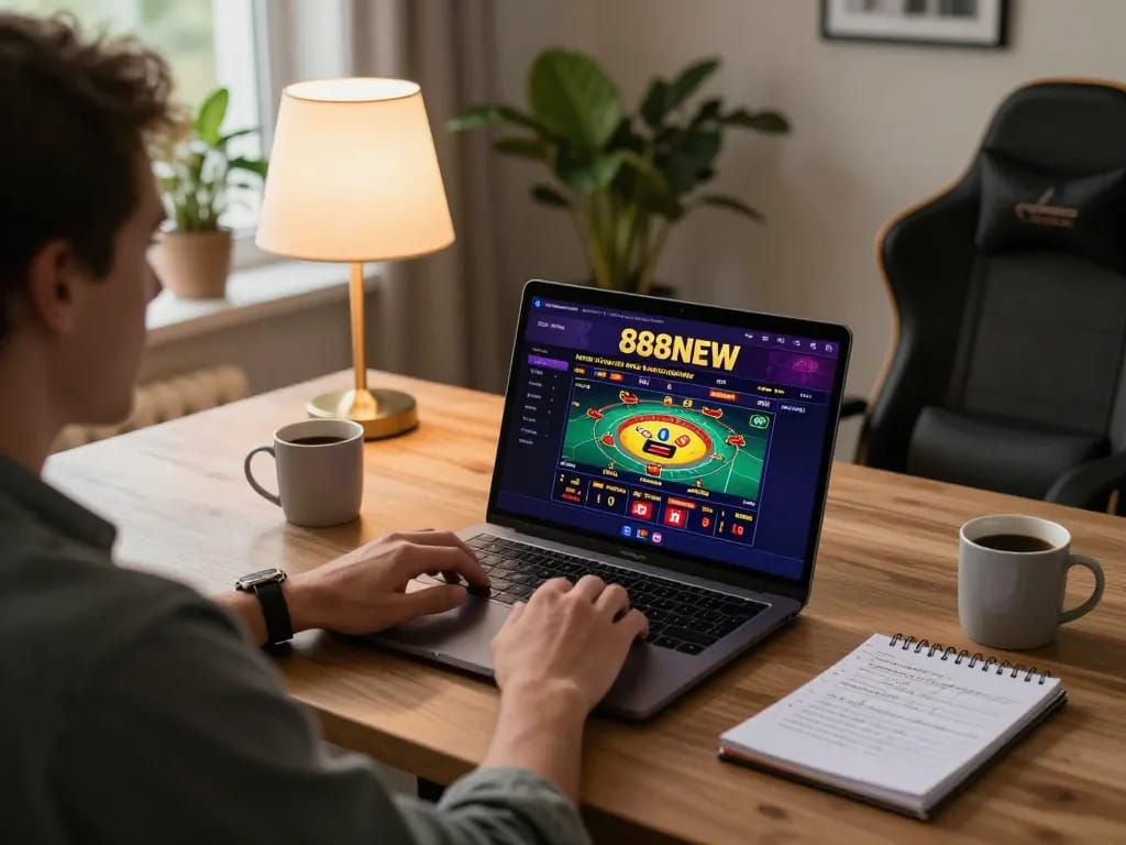 Player engaging with 888NEW's online casino interface for a strategic gaming session at home.