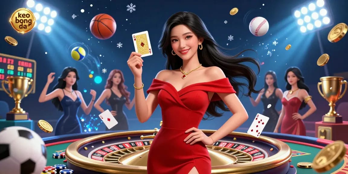 Engaging scene showcasing keo bong da with a woman in a red gown holding a golden card amidst sports elements.