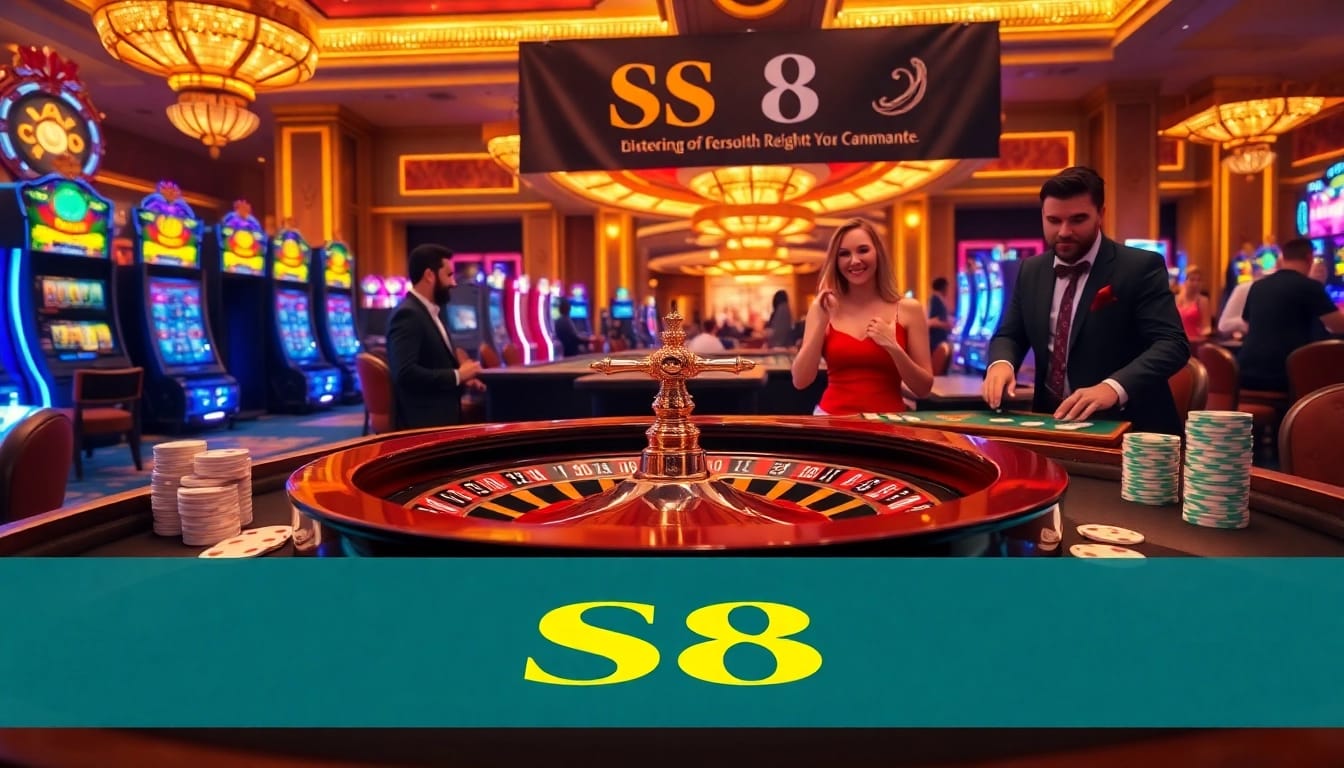 Excited players placing bets at S8 casino tables with vibrant roulette and cards.