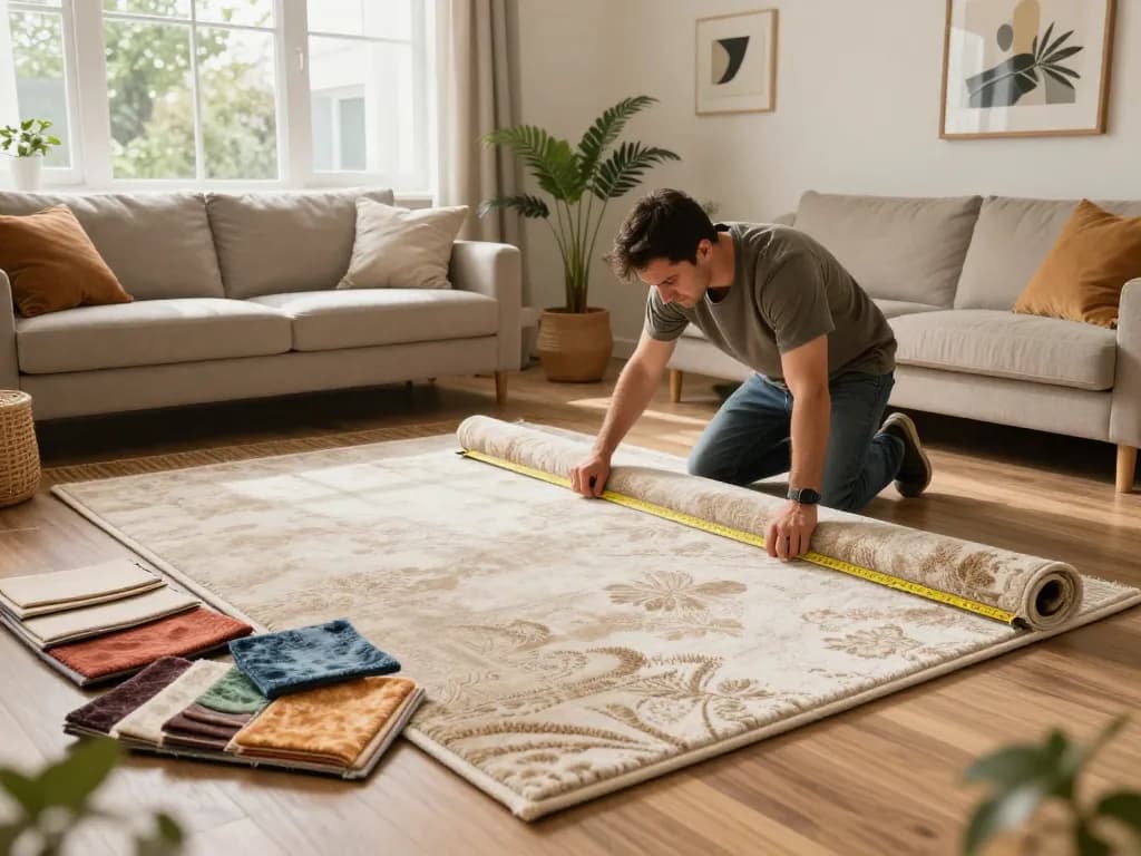 Residential carpet installation in a modern living room with an installer measuring carpet and colorful samples.
