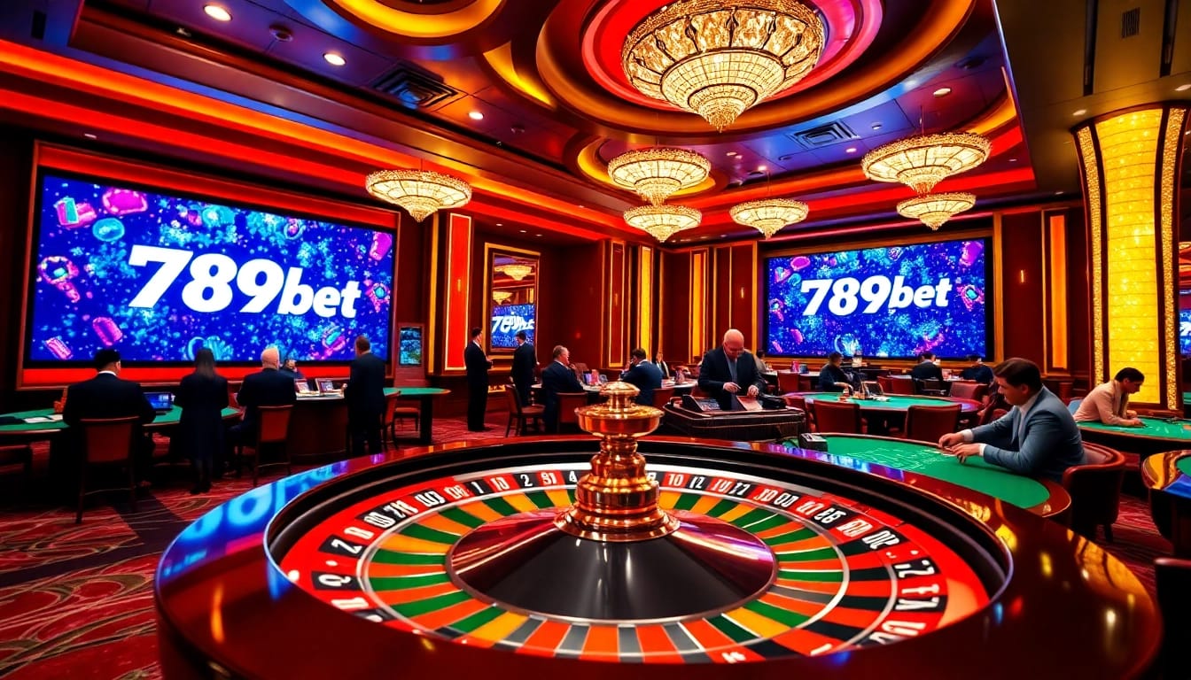 Players enjoying a lively casino experience at 789bet with roulette and poker tables.