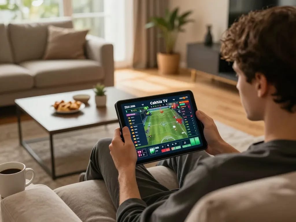 Cakhia TV user engaging in online sports betting on a tablet in a cozy home setting.