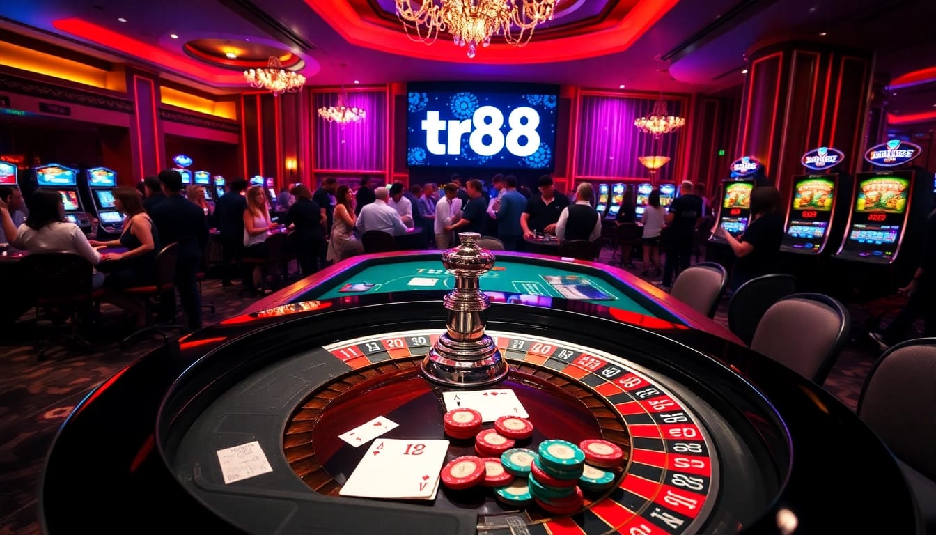 Players enjoy a thrilling casino atmosphere with tr88-themed decor, focusing on poker and roulette.