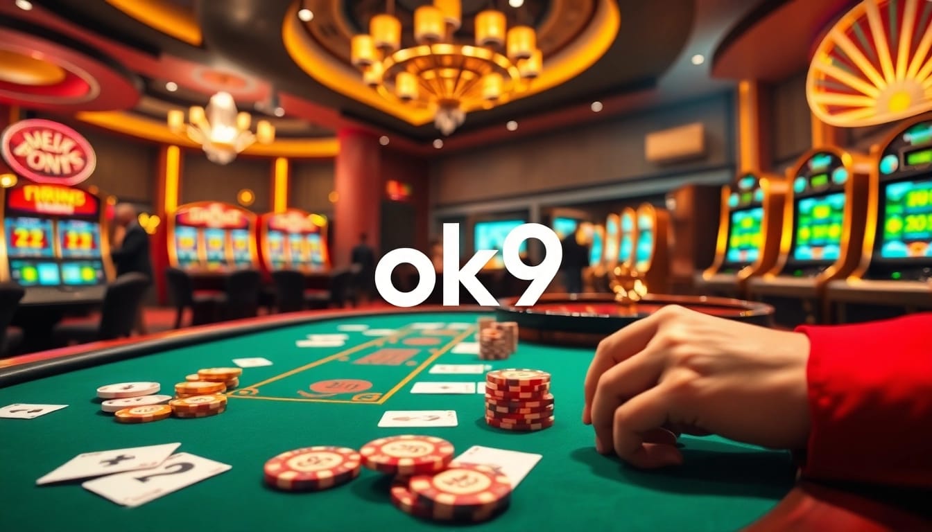 ok9 showcases a luxurious casino scene with vibrant poker tables and dazzling gaming elements.