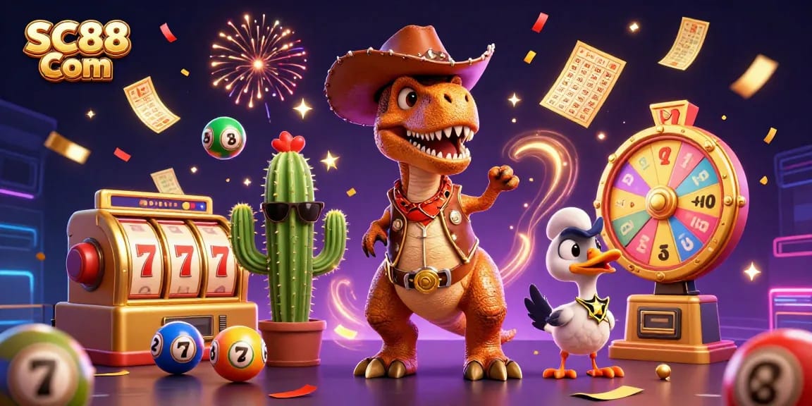 Spin winning jackpots at SC88 Com with vibrant gaming elements, featuring a T-Rex and bonus games