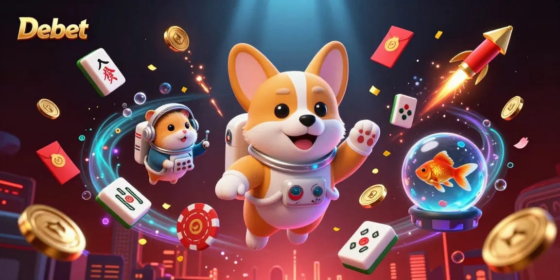 Debet showcases a floating astronaut corgi in a vibrant casino scene filled with gold coins and playful elements.