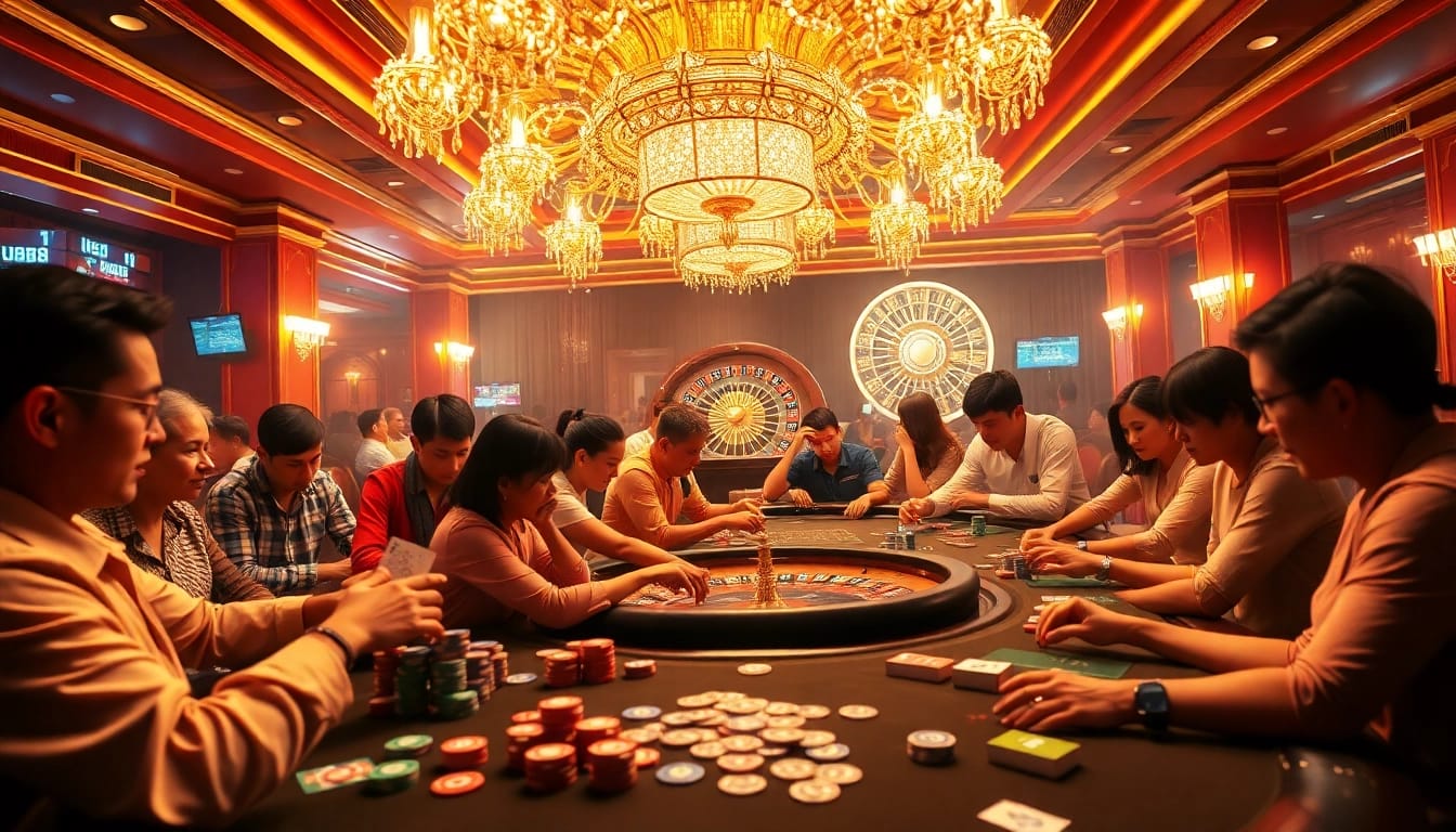 Players strategizing at a vibrant UU88 poker table in a luxurious casino atmosphere.