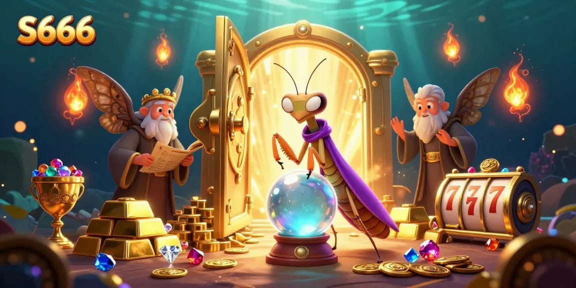 S666 players enjoy immersive experiences with vibrant slot machines and treasures in a magical scene.
