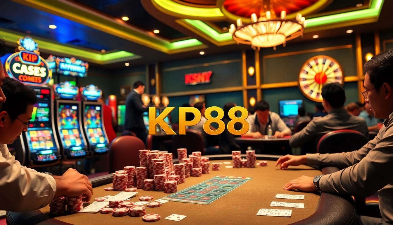 Players strategizing at a vibrant poker table with KP88 branding visible.