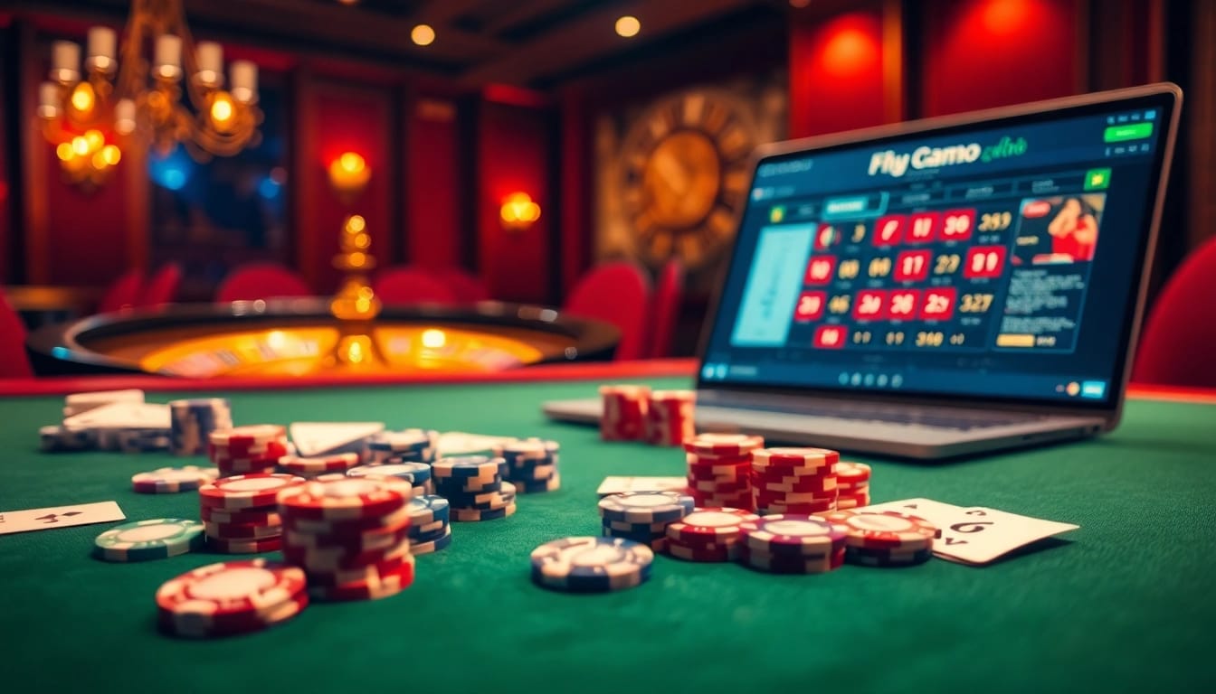 Engaging gaming atmosphere at Nhà cái Fly88 featuring luxurious casino tables and vibrant poker chips.