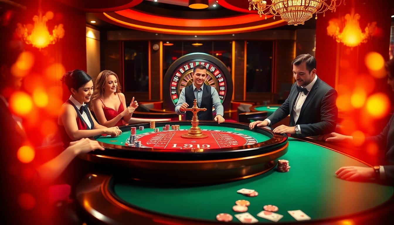 Exciting kp88 poker table action with colorful chips and cards in a luxurious casino.