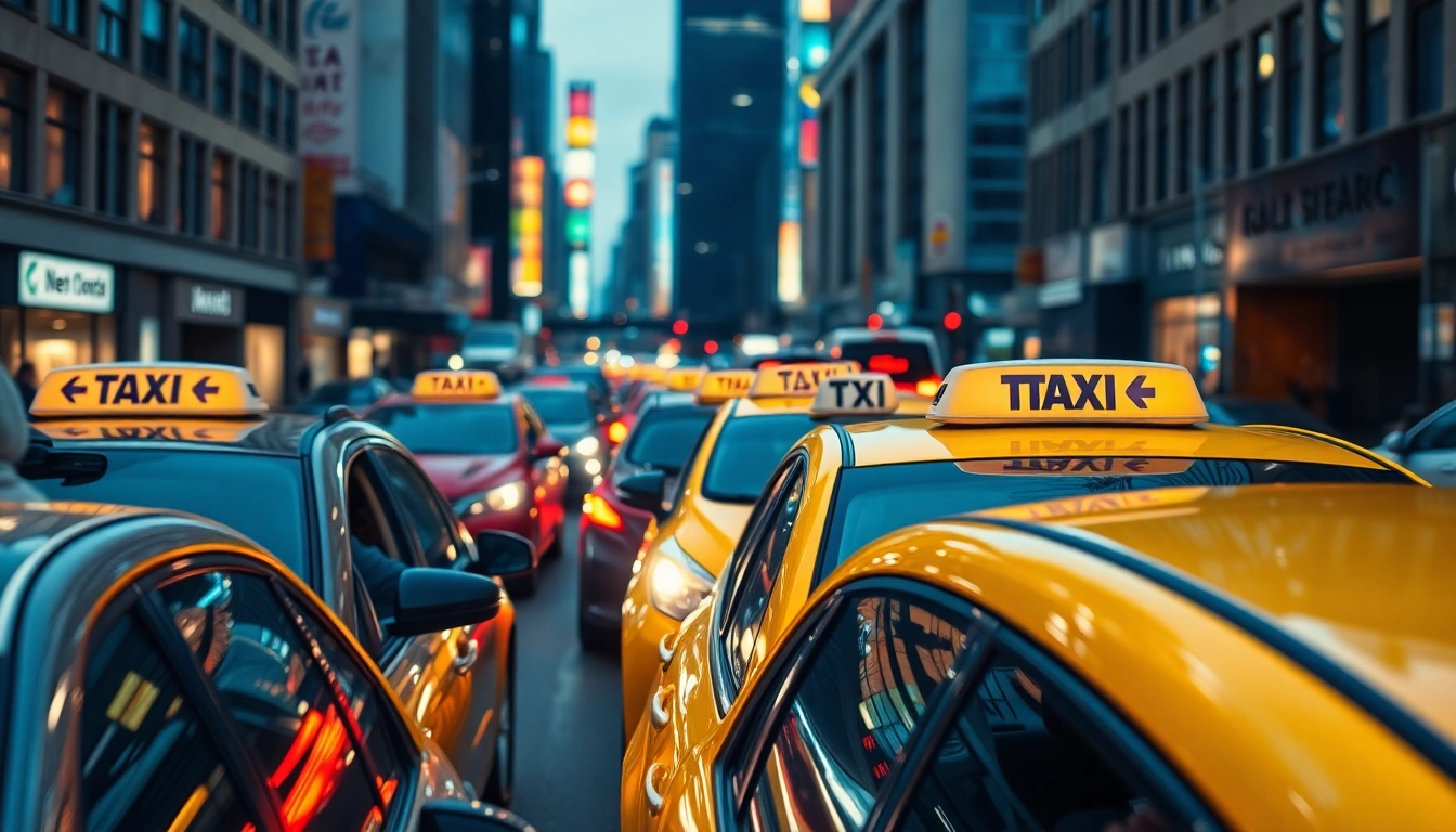 Taxi service showcasing vibrant city life with dynamic vehicles and busy streets.