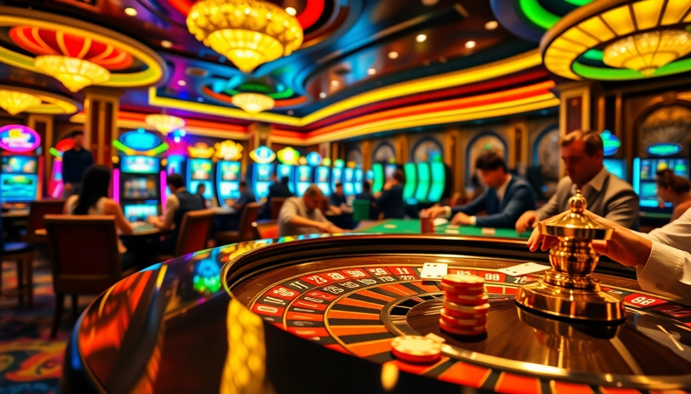 A thrilling casino scene showcasing 789WIN players at roulette and poker tables amidst vibrant slot machines and luxury decor.