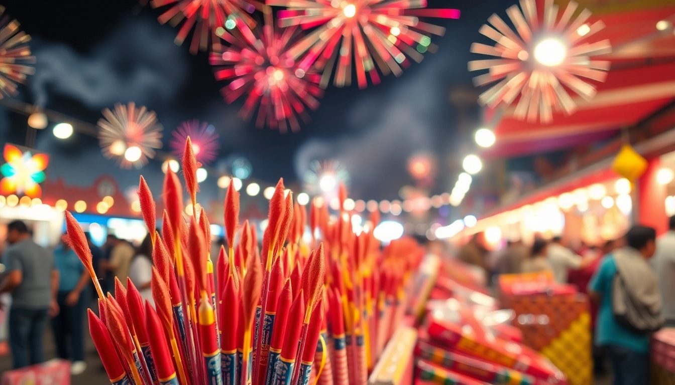 Shop vibrant fireworks for sale in an exciting outdoor market setting.