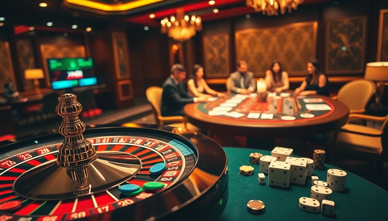 Experience thrilling gameplay with xn88 in a luxurious casino setting featuring poker and roulette.