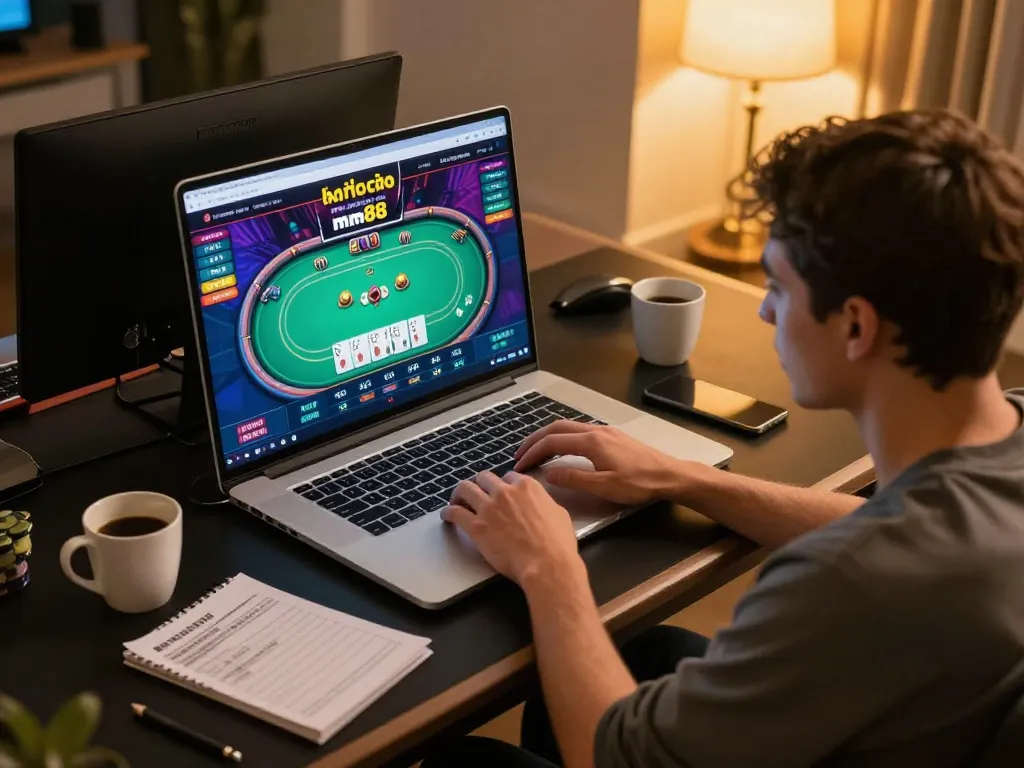 Engaging player using nhà cái mm88 on laptop while reviewing betting strategies.