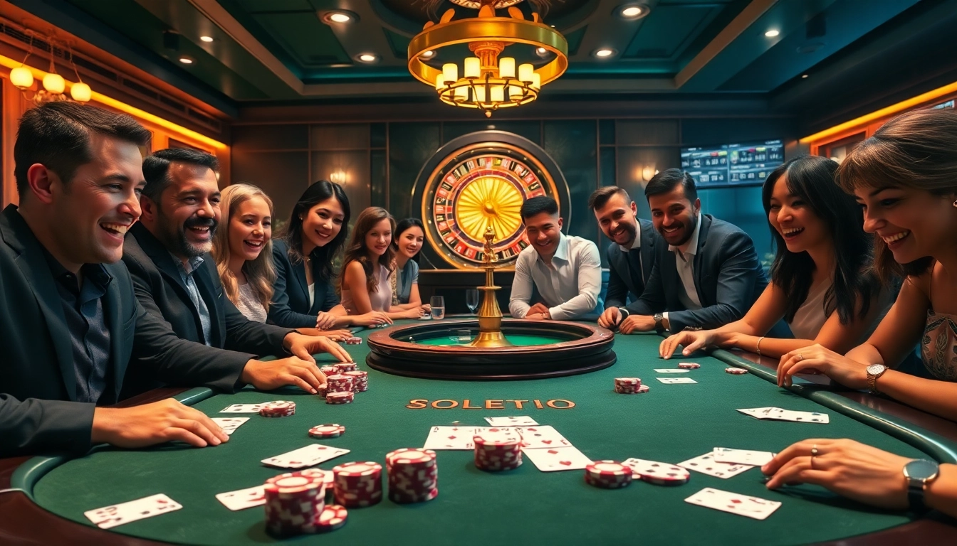 Excited players enjoying a casino game scene at https://s8onl.com/ with poker chips and cards.